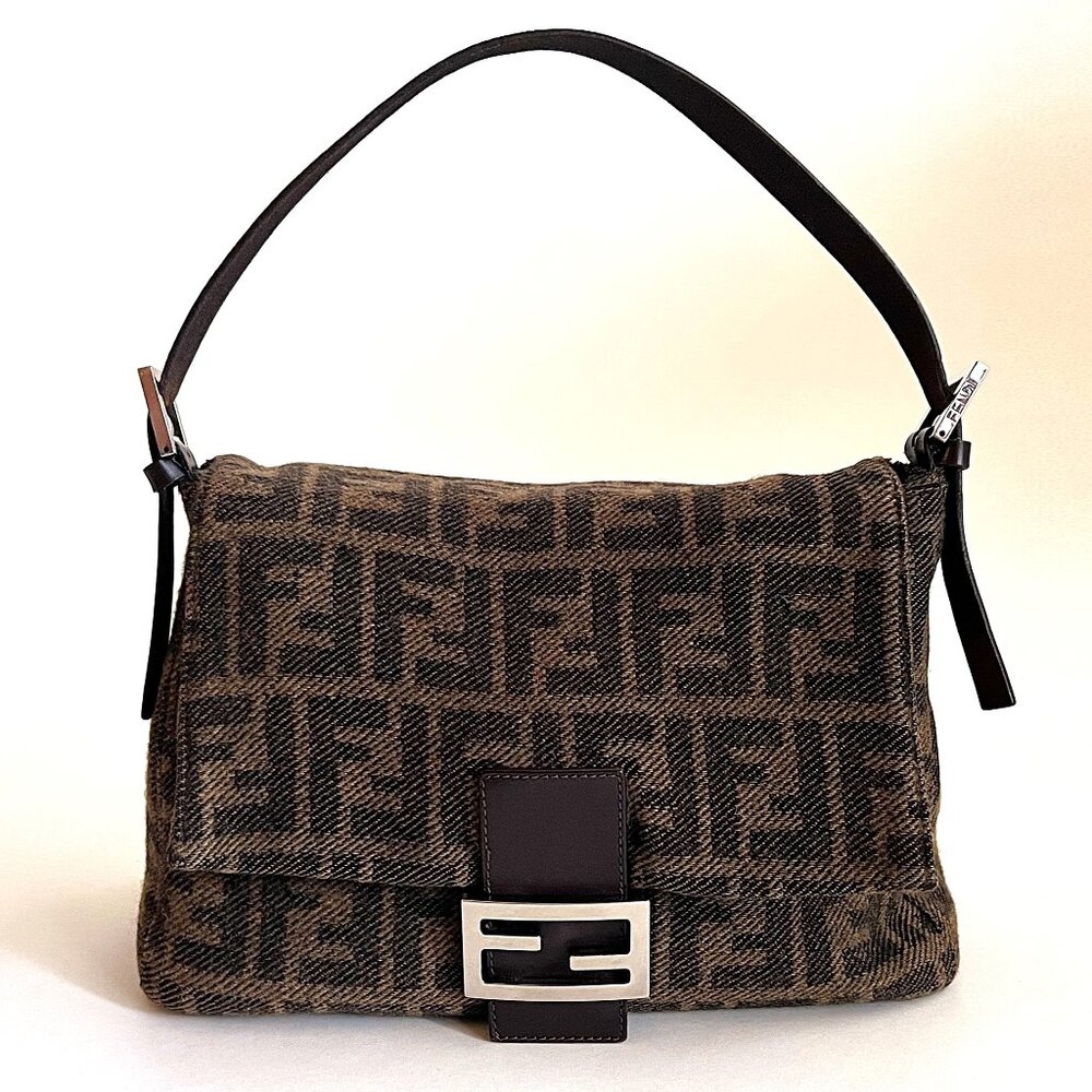 Fendi Zucca Mamma Brown Cashmere Medium Baguette Shoulder Bag Purse Vintage 2000